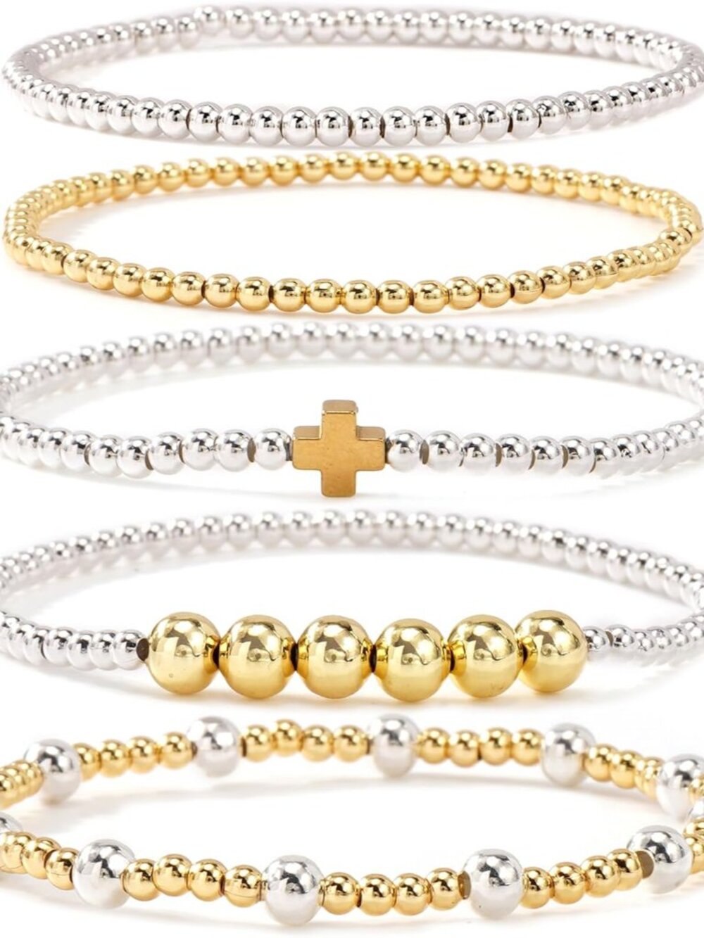 Trendy Elastic Stretch Gold and Silver Beaded Bracelets with Cross - Gift Ready!